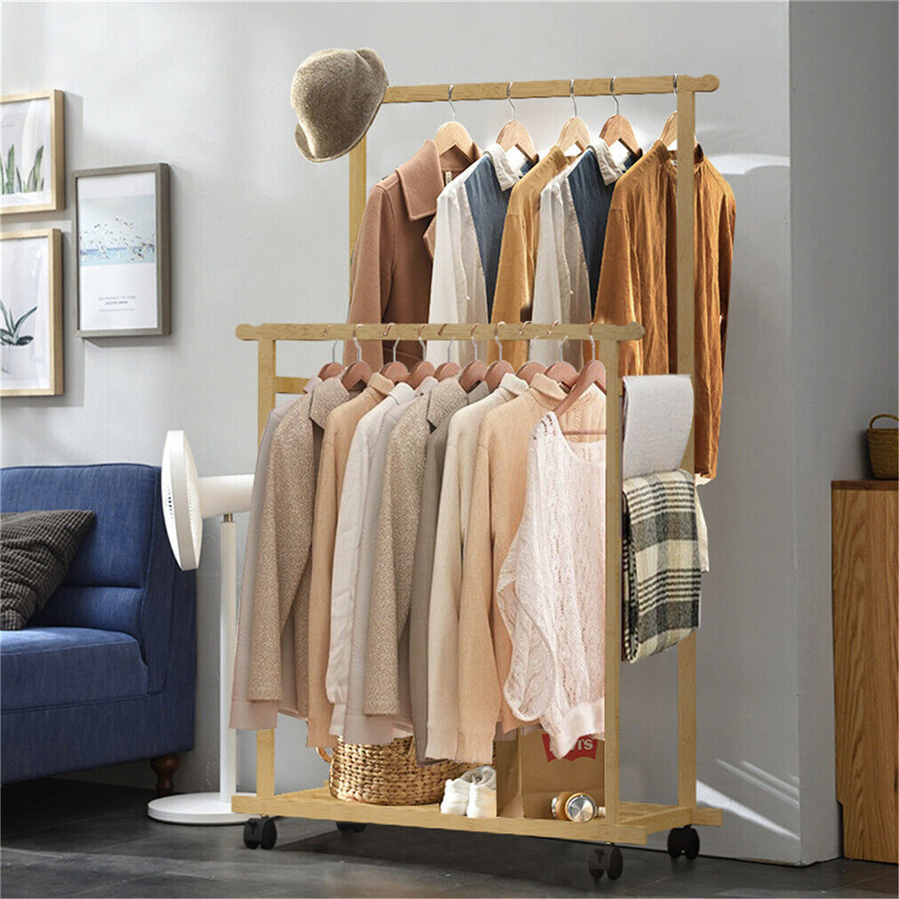 Double Rail Heavy Strong Rolling Clothes Rack with Trousers Rack & Bottom Shelf