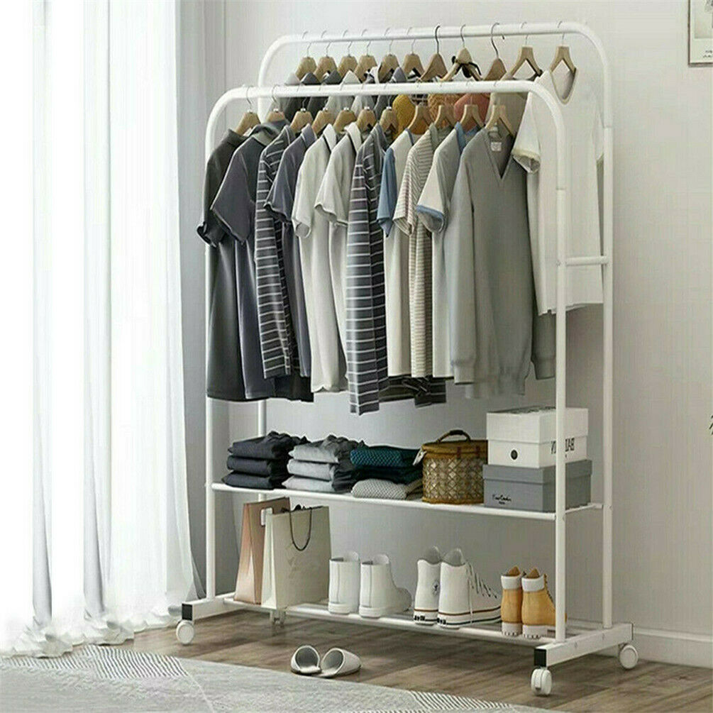 White Garment Rack Dual Clothes Rail Storage
