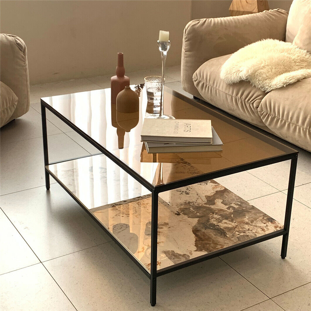 Heavy Duty Luxury Glass Top Coffee Table with Marble Storage