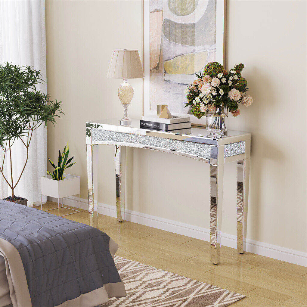 Shining Crushed Diamond Console Table Silver Mirrored