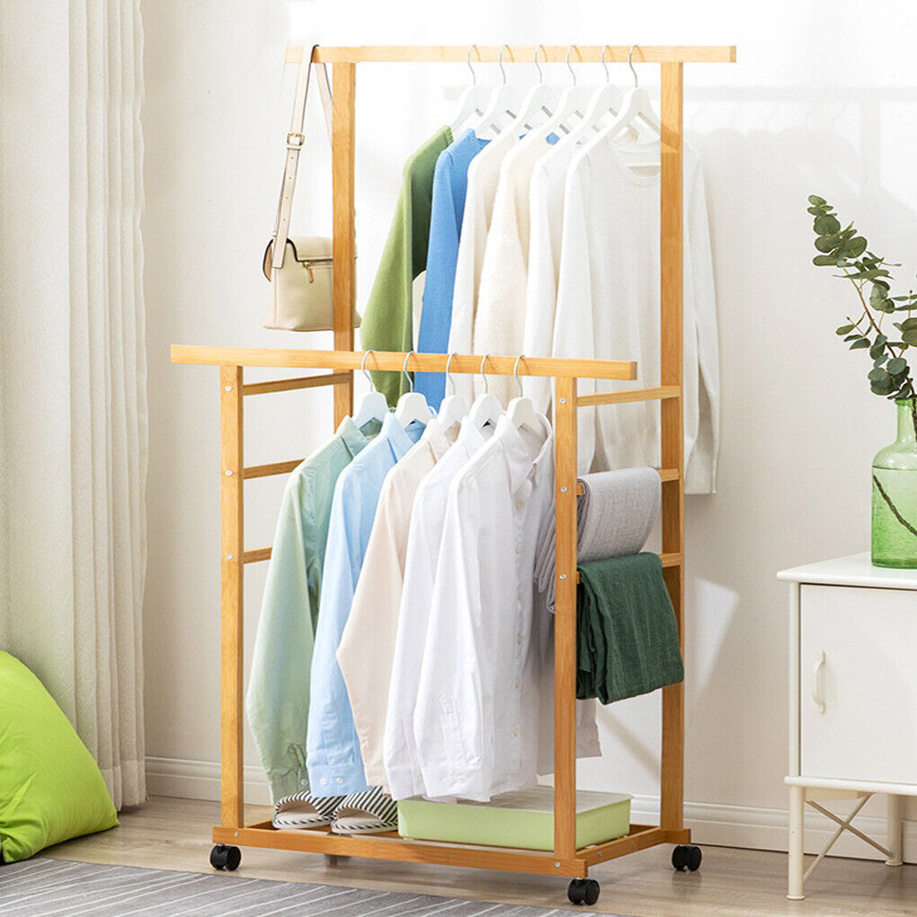 Double Rail Heavy Strong Rolling Clothes Rack with Trousers Rack & Bottom Shelf