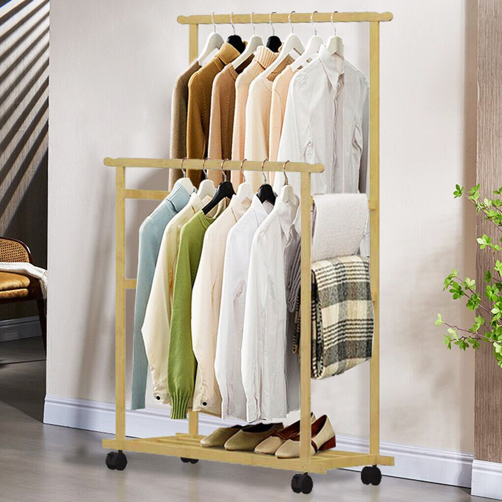 Double Rail Heavy Strong Rolling Clothes Rack with Trousers Rack & Bottom Shelf