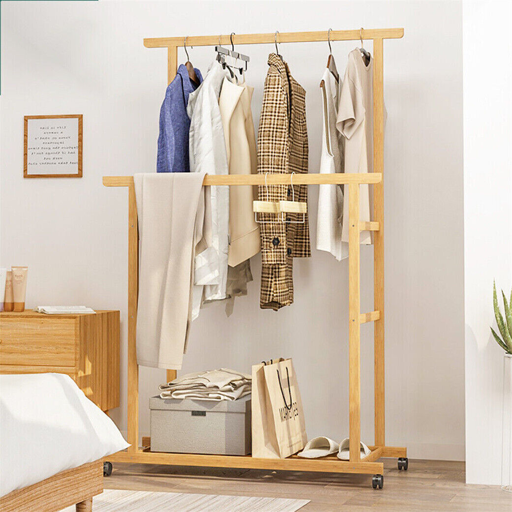 Double Rail Heavy Strong Rolling Clothes Rack with Trousers Rack & Bottom Shelf