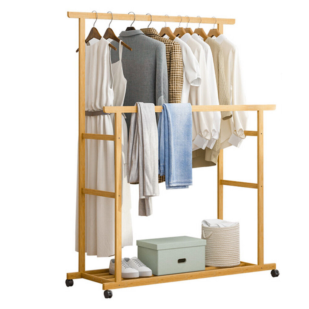 Double Rail Heavy Strong Rolling Clothes Rack with Trousers Rack & Bottom Shelf