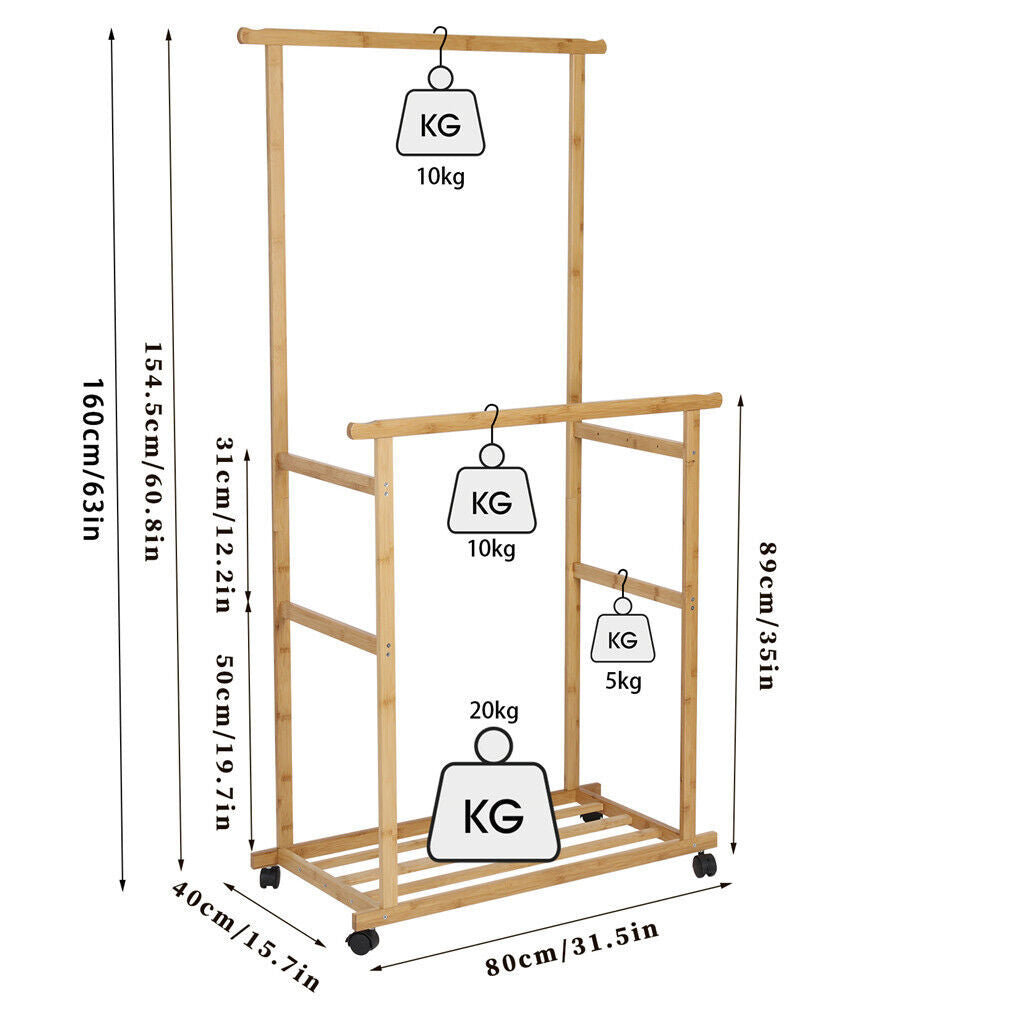 Double Rail Heavy Strong Rolling Clothes Rack with Trousers Rack & Bottom Shelf