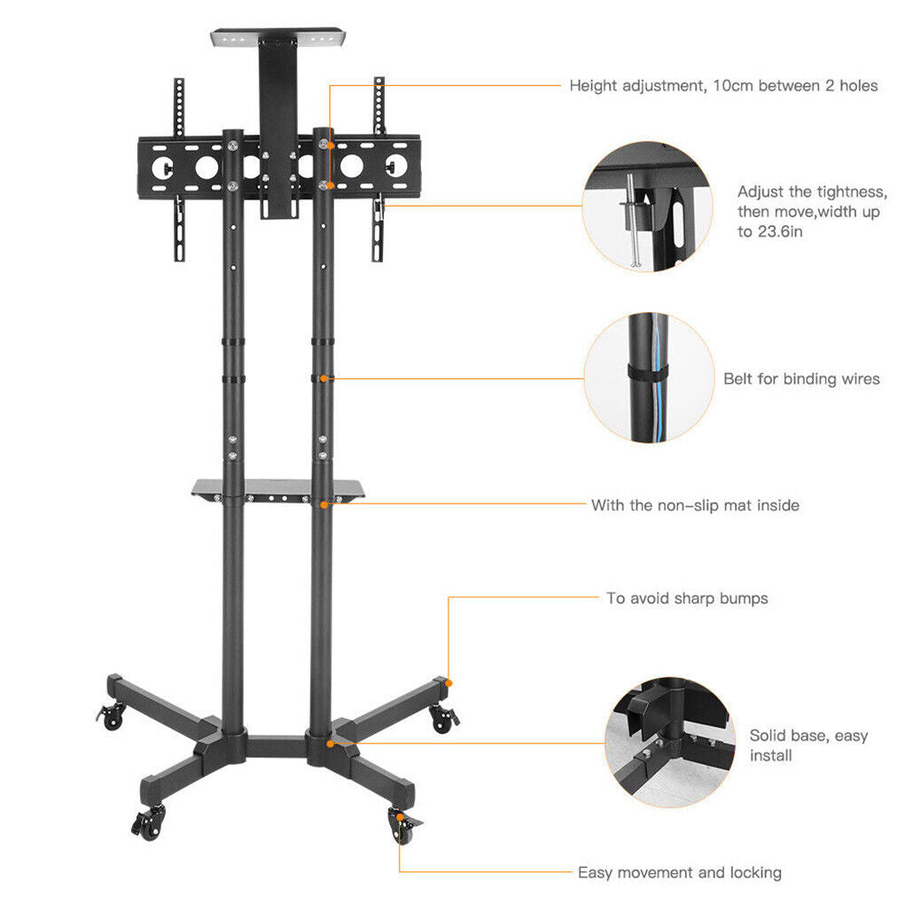 Portable Mobile Trolley TV Stand Support for 32 - 65" Screen Wheels Adjustable