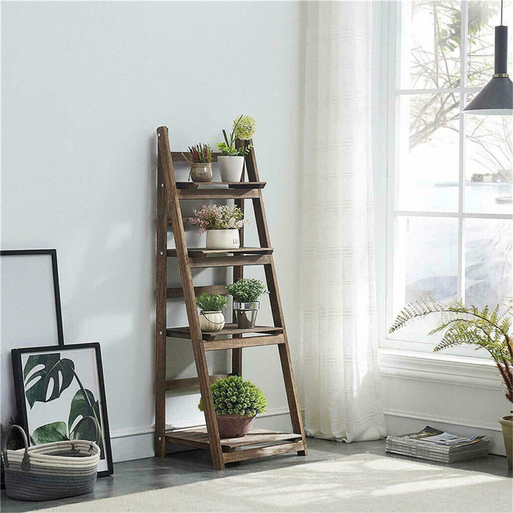 Industrial Wood Ladder Bookshelf Folding Bookcase-