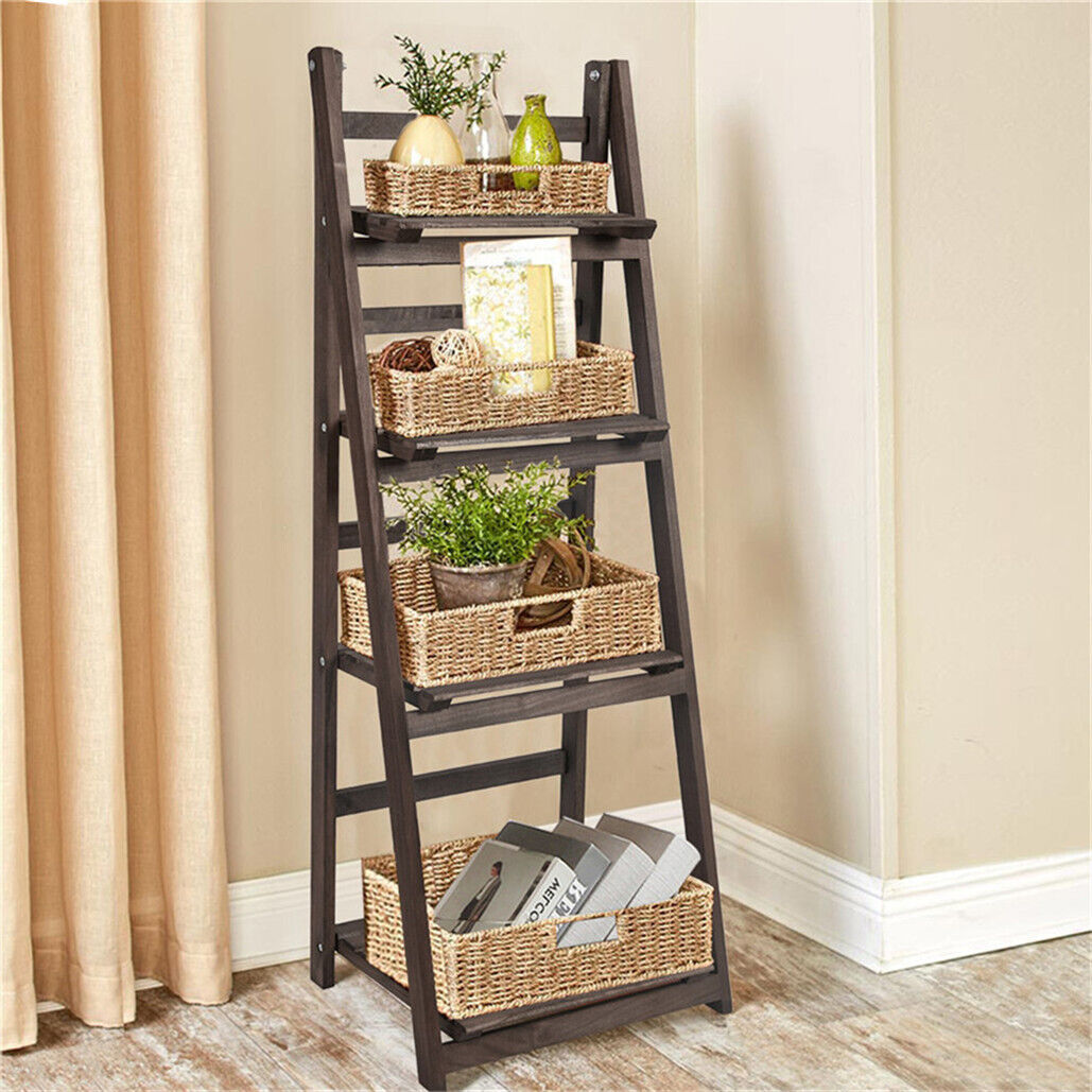 Industrial Wood Ladder Bookshelf Folding Bookcase-