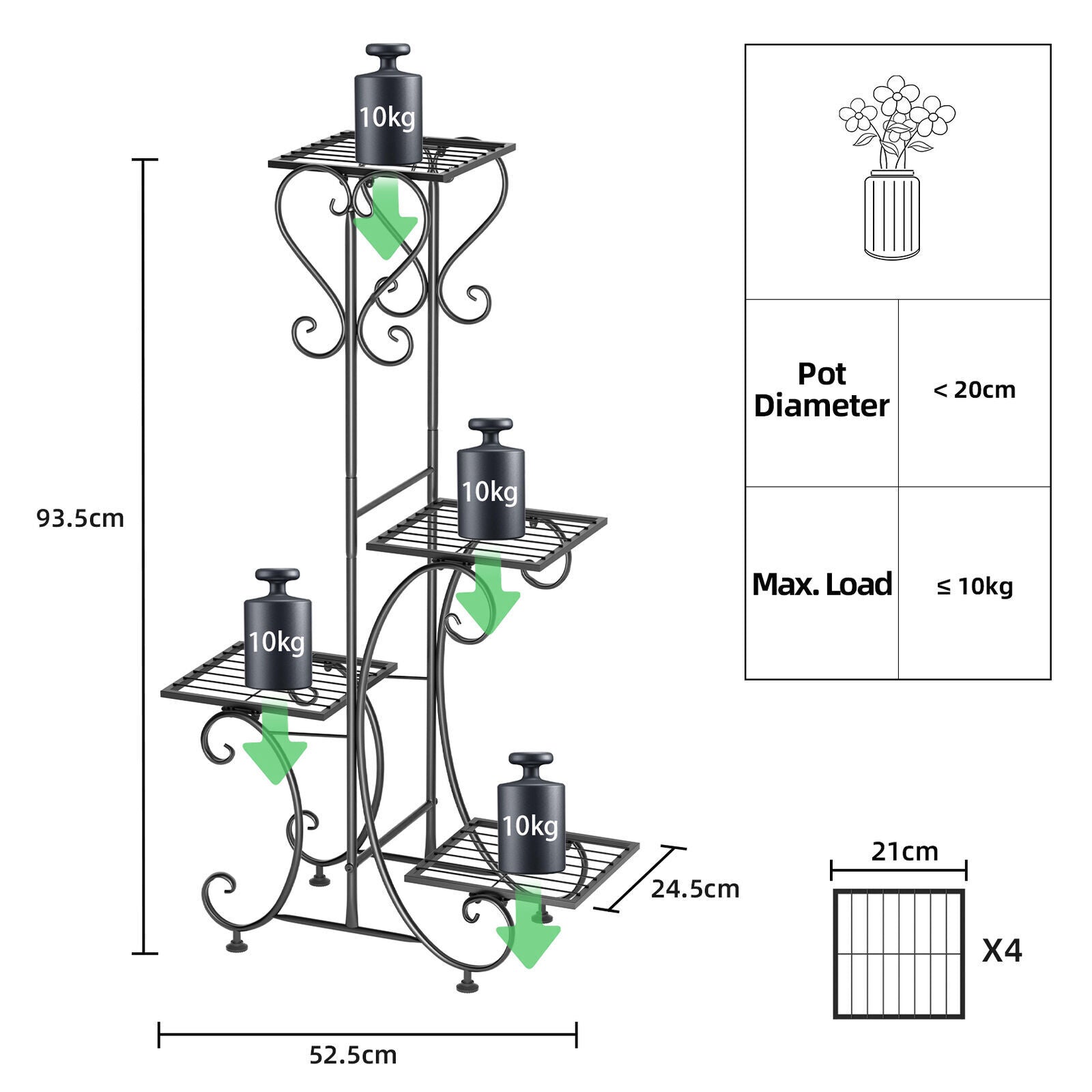 4 Pots Wrought Iron Rustproof Plant Stand-
