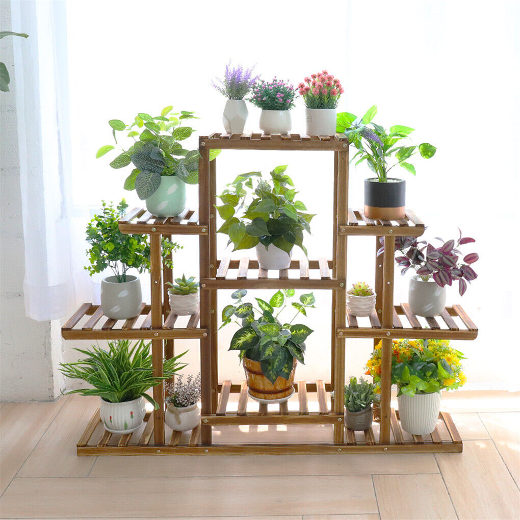 Flower Bonsai Display Shelf Wood Plant Stand-